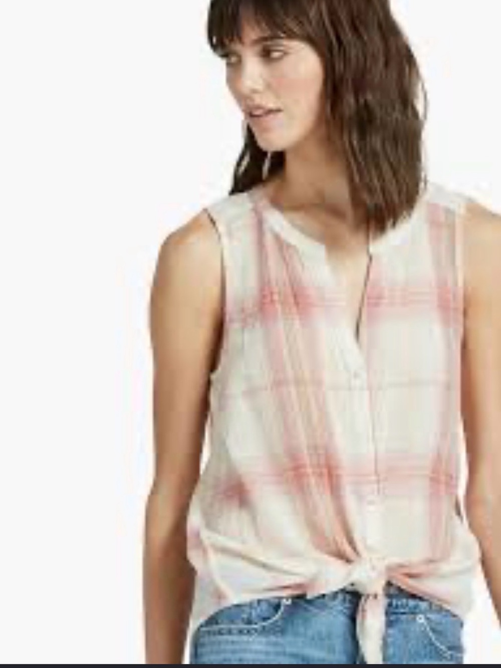 Lucky Brand Sleeveless Cotton Gauze Plaid Button-Front Top in Cream and Pink